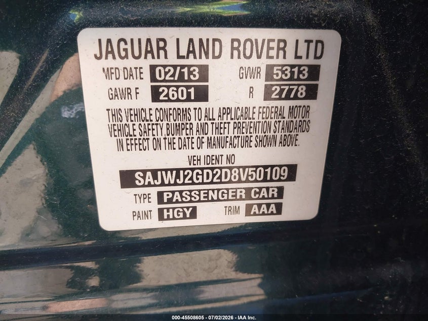 2013 Jaguar Xj Xjl Portfolio VIN: SAJWJ2GD2D8V50109 Lot: 45508605
