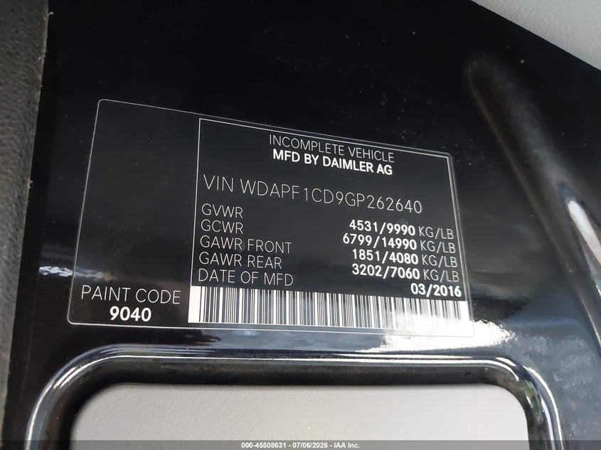 2016 Mercedes-Benz Sprinter 3500 VIN: WDAPF1CD9GP262640 Lot: 45508631