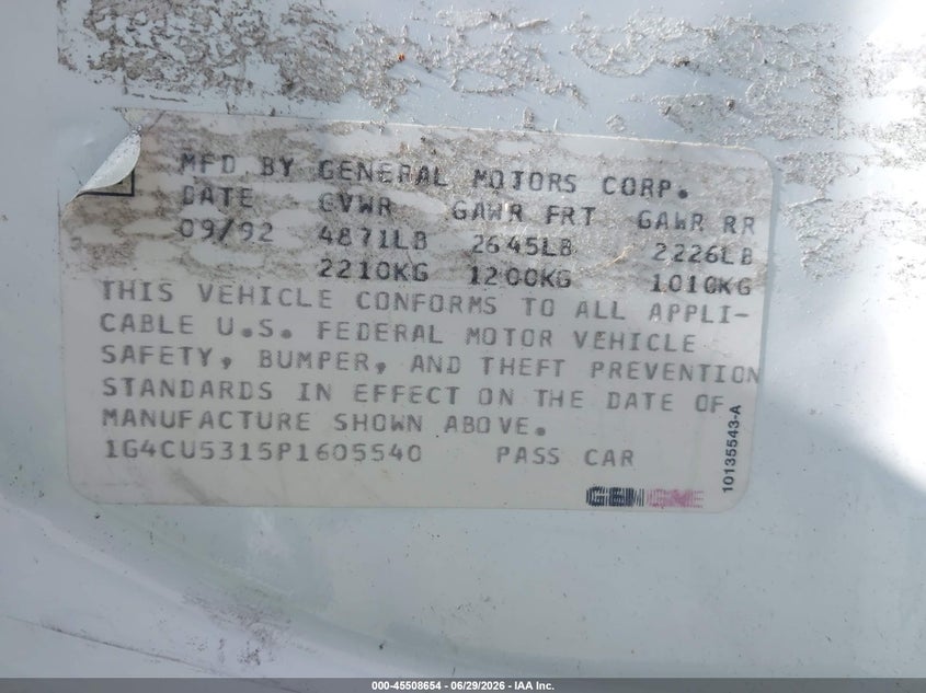 1993 Buick Park Avenue Ultra VIN: 1G4CU5315P1605540 Lot: 45508654