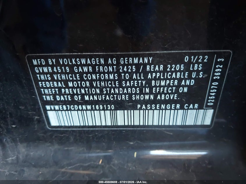 2022 Volkswagen Golf R 2.0T VIN: WVWEB7CD6NW169130 Lot: 45508659