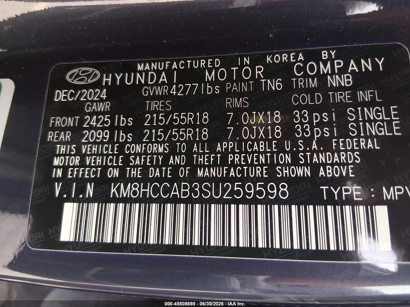 2025 Hyundai Kona Sel Convenience VIN: KM8HCCAB3SU259598 Lot: 45508698