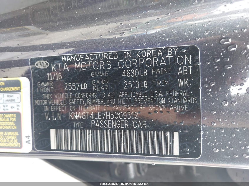 2017 Kia Optima Hybrid VIN: KNAGT4LE7H5009312 Lot: 45508707