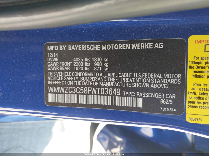 2015 Mini Countryman Cooper S VIN: WMWZC3C58FWT03649 Lot: 45508714