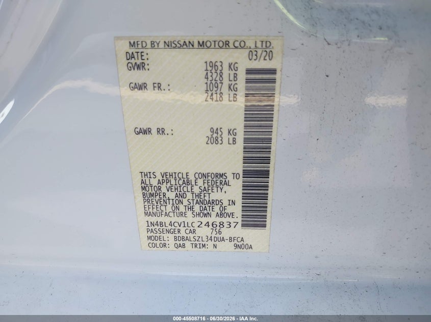 NISSAN ALTIMA 2020 VIN 1N4BL4CV1LC246837