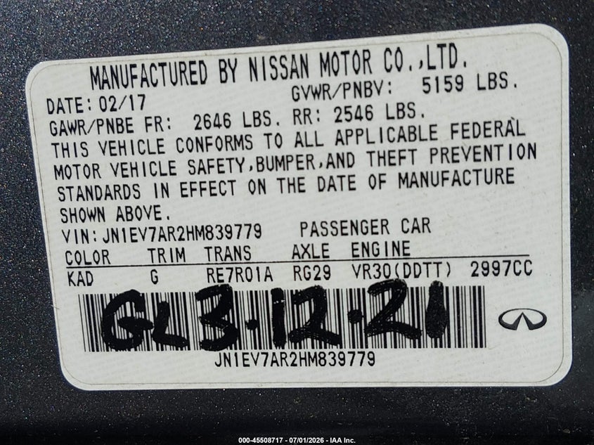 2017 Infiniti Q50 3.0T Premium VIN: JN1EV7AR2HM839779 Lot: 45508717