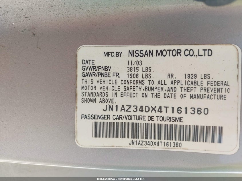 2004 Nissan 350Z VIN: JN1AZ34DX4T161360 Lot: 45508747