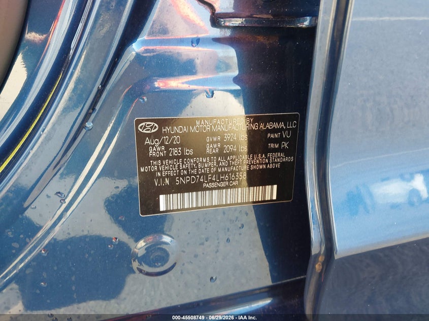 2020 Hyundai Elantra Se VIN: 5NPD74LF4LH616358 Lot: 45508749
