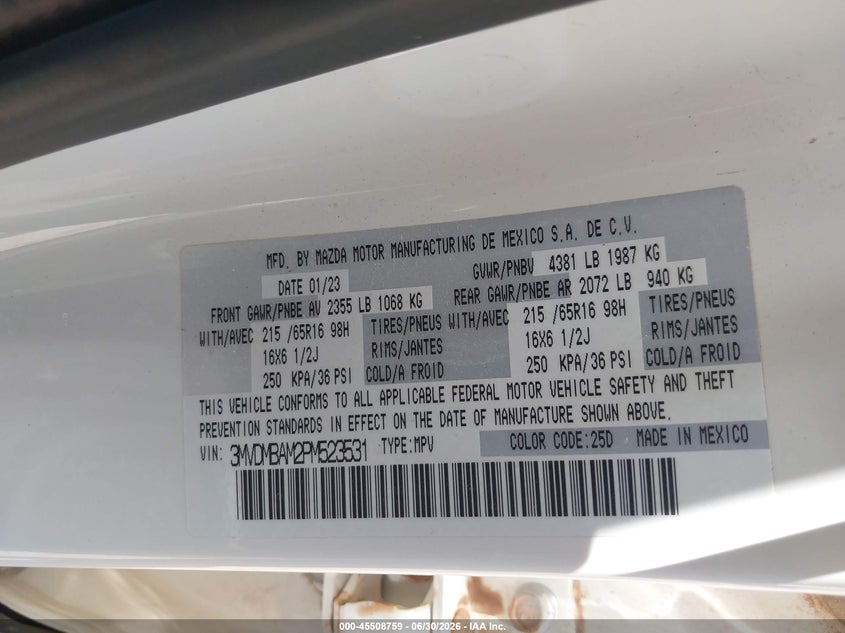 2023 Mazda Cx-30 2.5 S VIN: 3MVDMBAM2PM523531 Lot: 45508759
