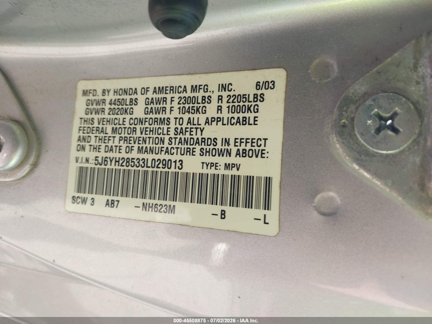 2003 Honda Element Ex VIN: 5J6YH28533L029013 Lot: 45508875