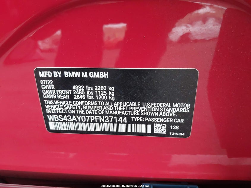 2023 BMW M3 Competition xDrive VIN: WBS43AY07PFN37144 Lot: 45508888