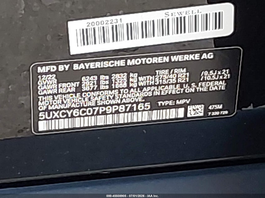 2023 BMW X6 xDrive40I VIN: 5UXCY6C07P9P87165 Lot: 45508905