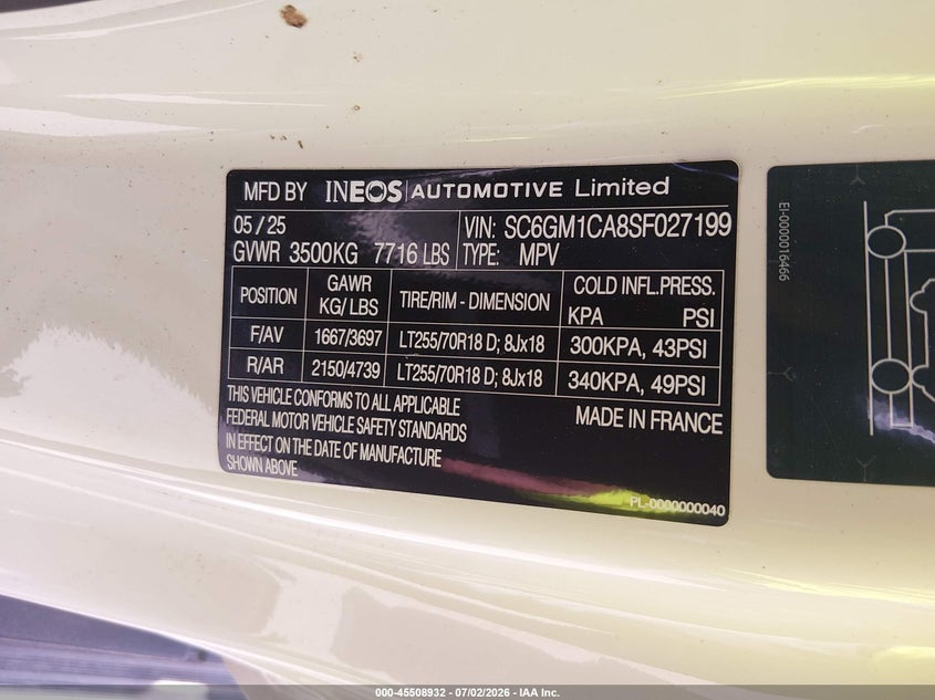 INEOS GRENADIER 2025 VIN SC6GM1CA8SF027199