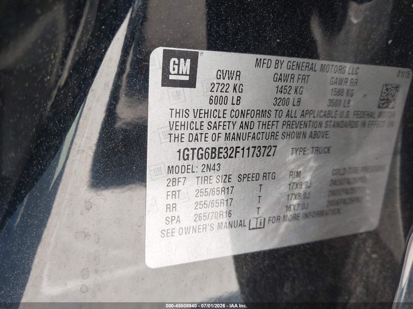2015 GMC Canyon 4Wd Sle VIN: 1GTG6BE32F1173727 Lot: 45508940