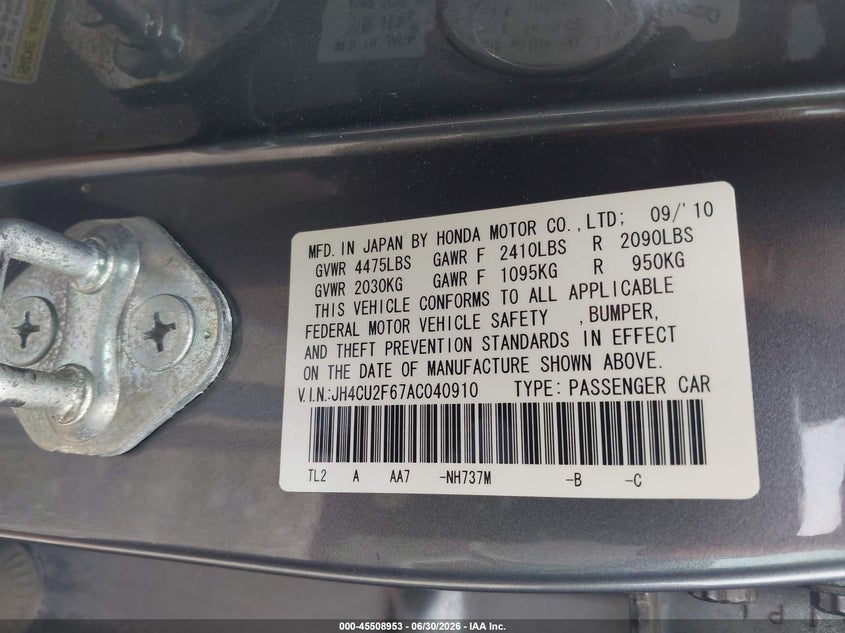 2010 Acura Tsx 2.4 VIN: JH4CU2F67AC040910 Lot: 45508953