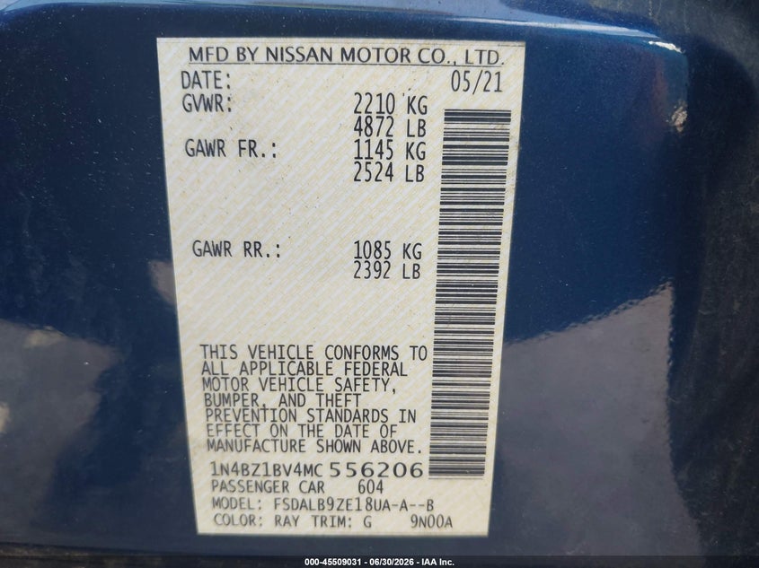 2021 Nissan Leaf S Plus 62 Kwh VIN: 1N4BZ1BV4MC556206 Lot: 45509031