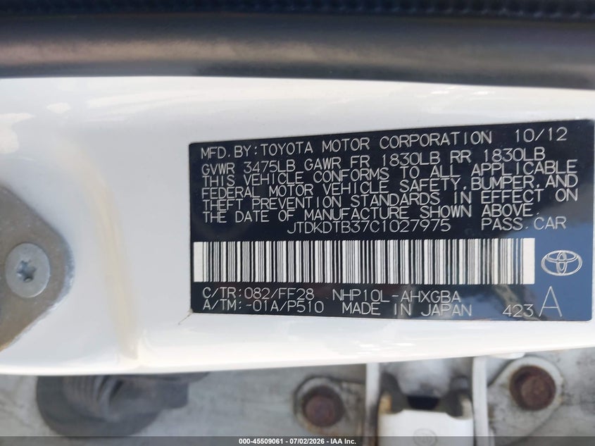 2012 Toyota Prius C Three VIN: JTDKDTB37C1027975 Lot: 45509061