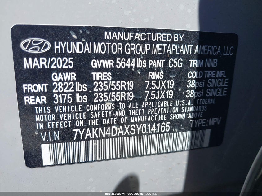 2025 Hyundai Ioniq 5 Sel VIN: 7YAKN4DAXSY014165 Lot: 45509071