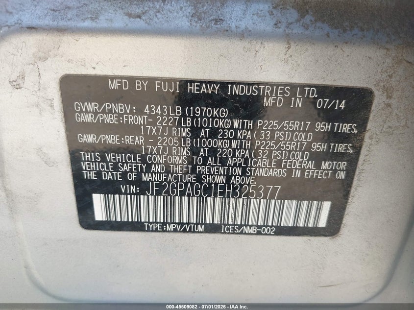 SUBARU XV CROSSTREK 2014 VIN JF2GPAGC1EH325377