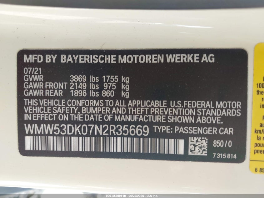 2022 Mini Hardtop Cooper S VIN: WMW53DK07N2R35669 Lot: 45509110