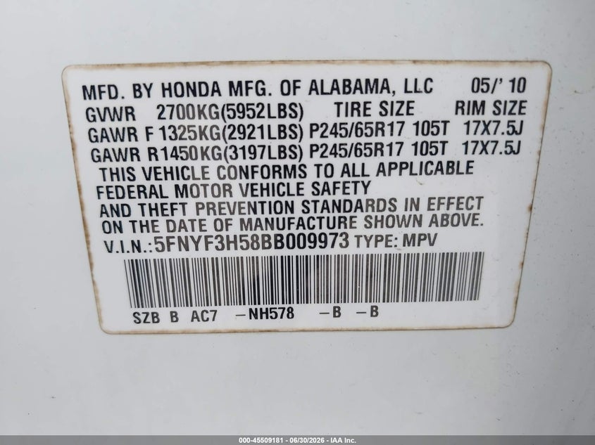 2011 Honda Pilot Ex-L VIN: 5FNYF3H58BB009973 Lot: 45509181