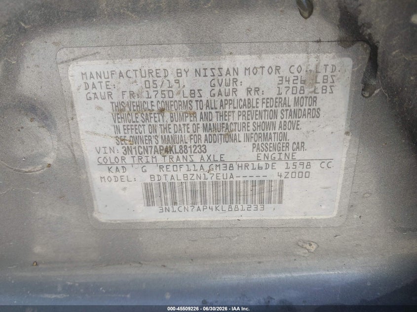 2019 Nissan Versa 1.6 Sv VIN: 3N1CN7AP4KL881233 Lot: 45509226
