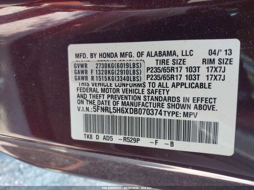 HONDA ODYSSEY 2013 VIN 5FNRL5H6XDB070374