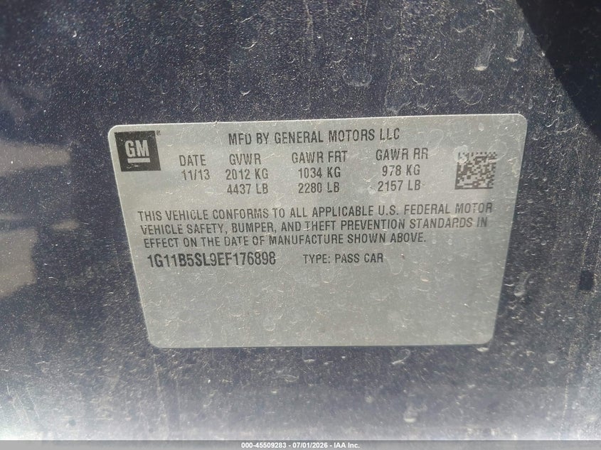 CHEVROLET MALIBU 2014 VIN 1G11B5SL9EF176898