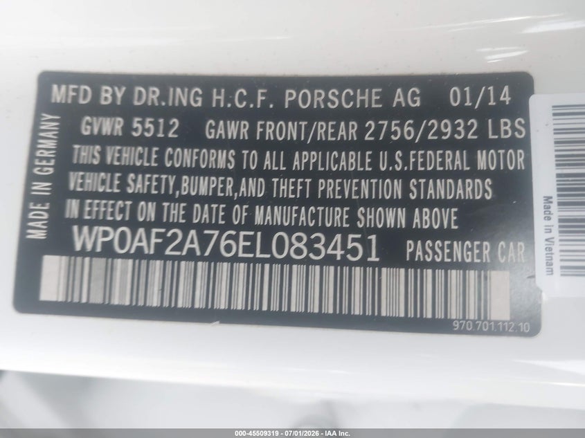 2014 Porsche Panamera Gts VIN: WP0AF2A76EL083451 Lot: 45509319