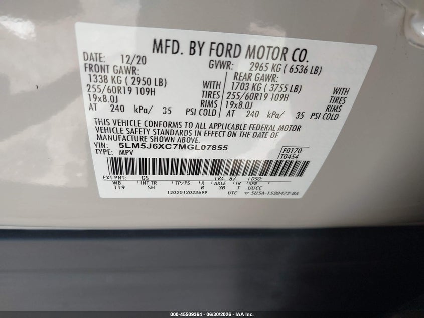 2021 Lincoln Aviator Standard VIN: 5LM5J6XC7MGL07855 Lot: 45509364