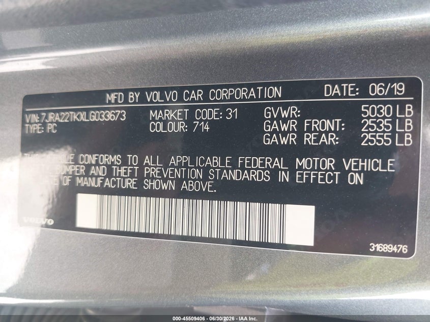 2020 Volvo S60 T6 Momentum VIN: 7JRA22TKXLG033673 Lot: 45509406
