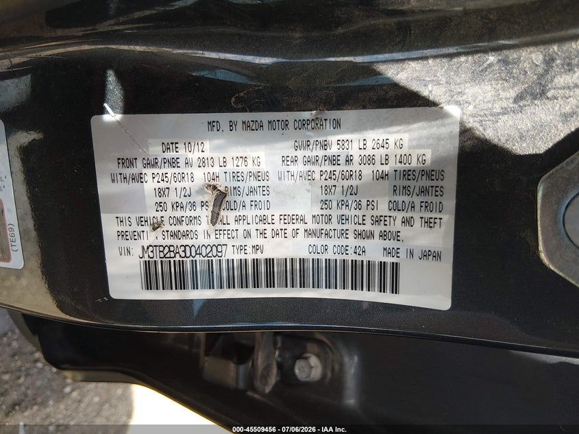 2013 Mazda Cx-9 Sport VIN: JM3TB2BA3D0402097 Lot: 45509456
