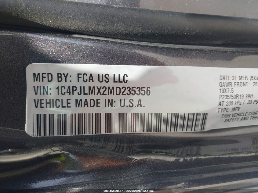2021 Jeep Cherokee 80Th Anniversary Fwd VIN: 1C4PJLMX2MD235356 Lot: 45509457