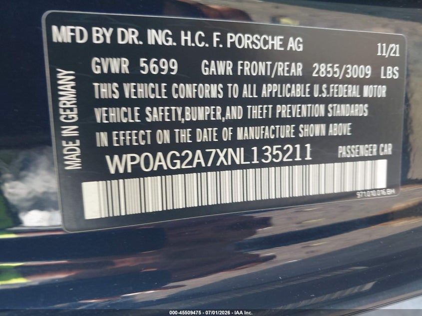 2022 Porsche Panamera Gts VIN: WP0AG2A7XNL135211 Lot: 45509475