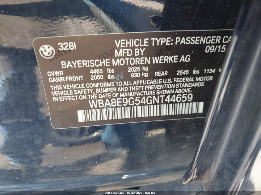BMW 328I 2016 VIN WBA8E9G54GNT44659