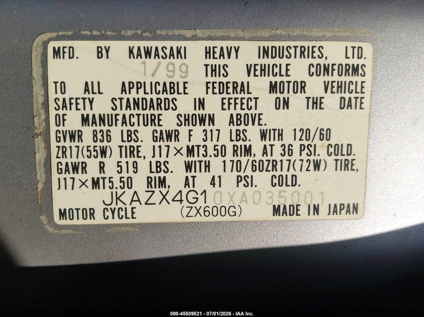 1999 Kawasaki Zx600 G VIN: JKAZX4G10XA035001 Lot: 45509521