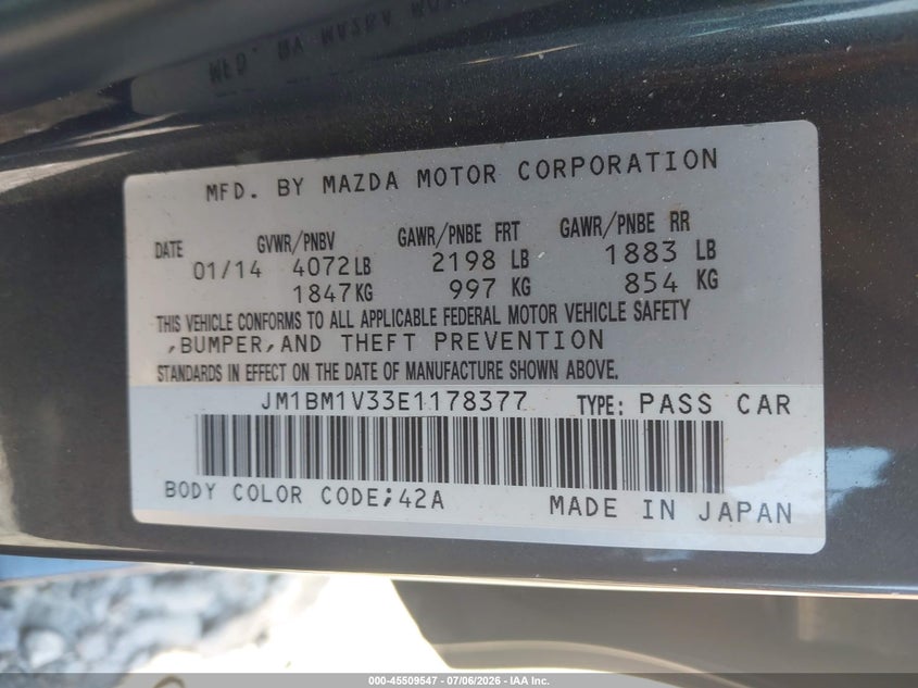 MAZDA MAZDA3 2014 VIN JM1BM1V33E1178377