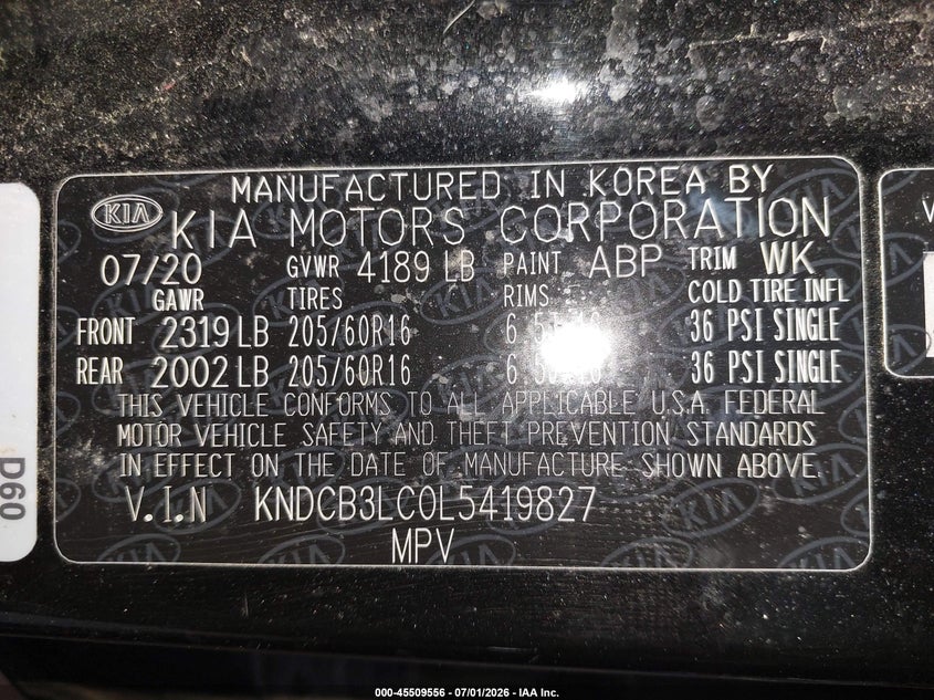 2020 Kia Niro Lxs VIN: KNDCB3LC0L5419827 Lot: 45509556