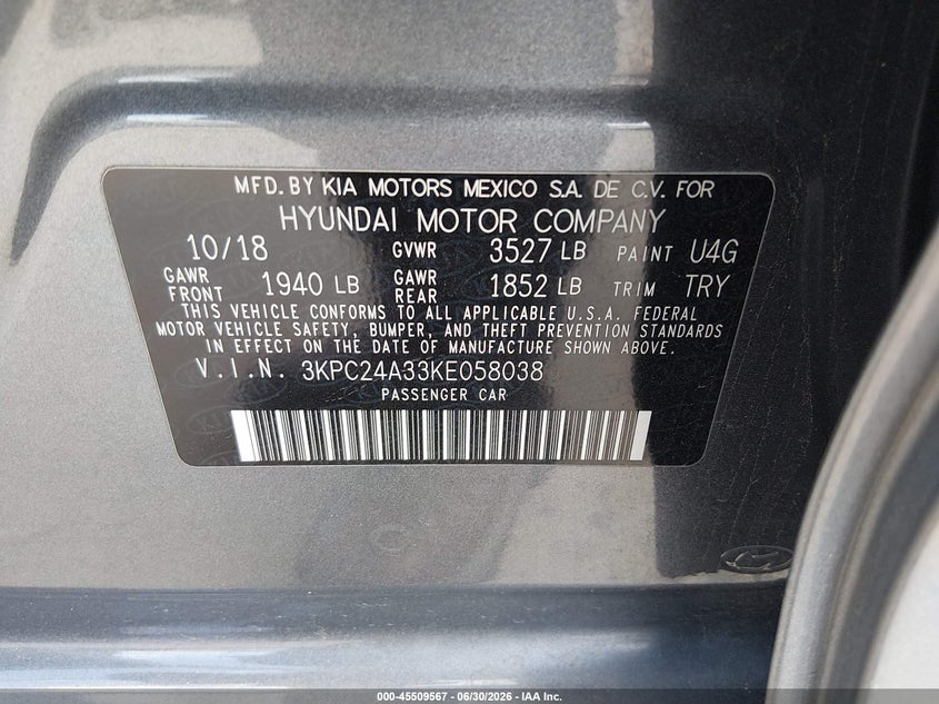 2019 HYUNDAI ACCENT SEDAN 1.6L I-4 DI, DOHC, VVT, 130HP
