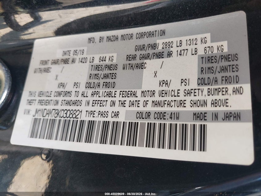 2019 Mazda Mx-5 Miata Rf Grand Touring VIN: JM1NDAM78K0308821 Lot: 45509609