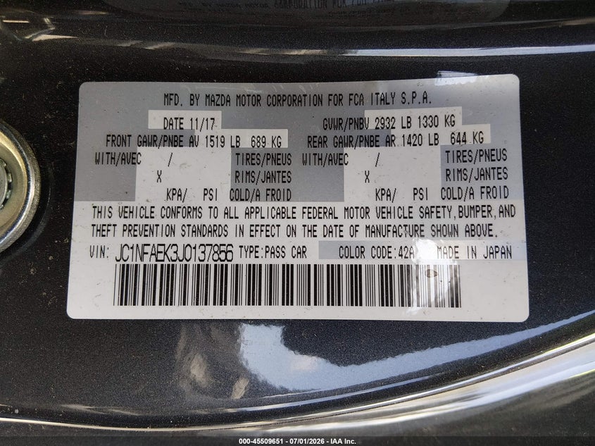2018 Fiat 124 Spider Lusso VIN: JC1NFAEK3J0137856 Lot: 45509651