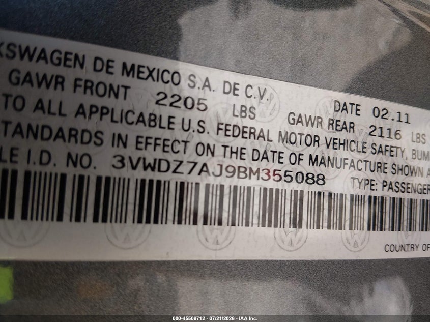 2011 Volkswagen Jetta 2.5L Se VIN: 3VWDZ7AJ9BM355088 Lot: 45509712
