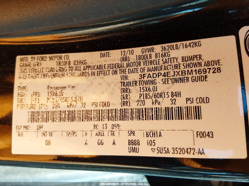 FORD FIESTA 2011 VIN 3FADP4EJXBM169728