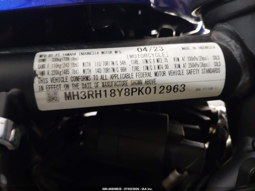 2023 Yamaha Yzfr3 A VIN: MH3RH18Y8PK012963 Lot: 45509825