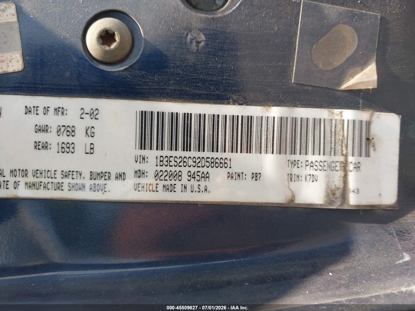 2002 Dodge Neon VIN: 1B3ES26C92D586661 Lot: 45509827