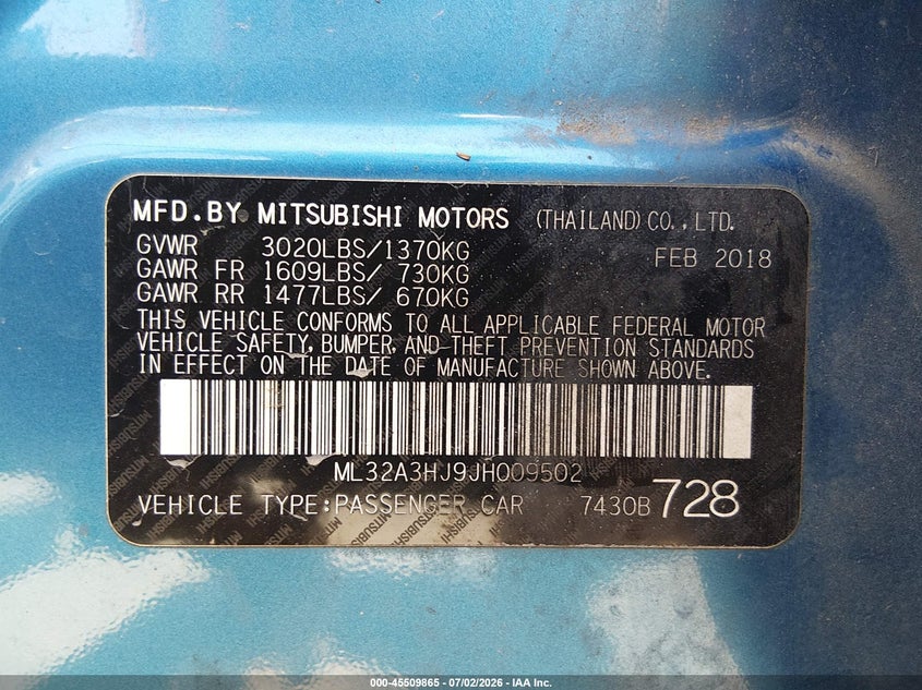 2018 Mitsubishi Mirage Es VIN: ML32A3HJ9JH009502 Lot: 45509865