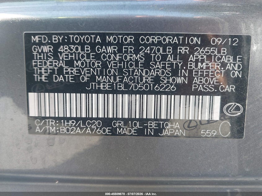 2013 Lexus Gs 350 VIN: JTHBE1BL7D5016226 Lot: 45509878