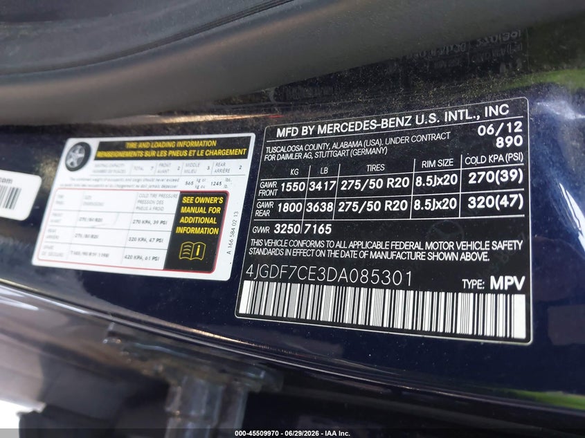 2013 Mercedes-Benz Gl 450 4Matic VIN: 4JGDF7CE3DA085301 Lot: 45509970