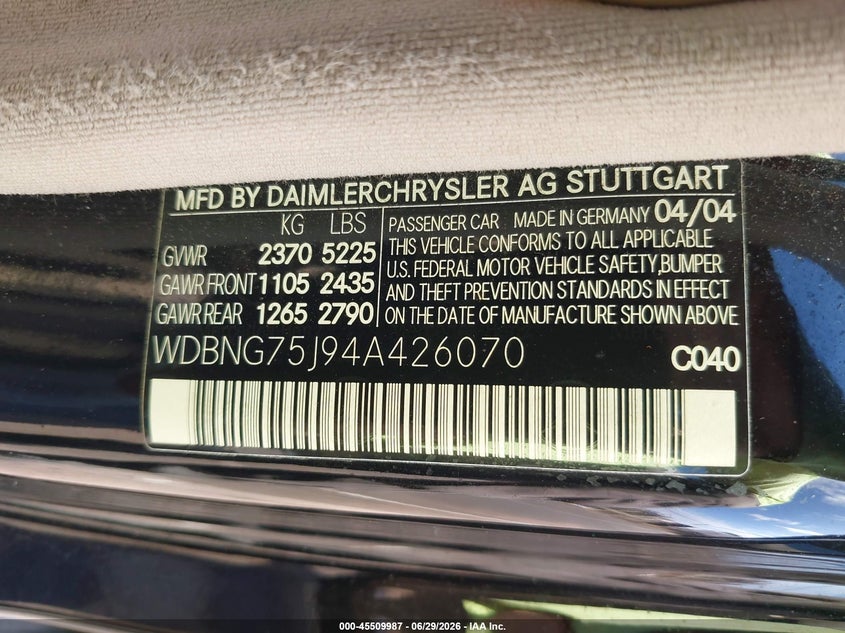 2004 Mercedes-Benz S 500 VIN: WDBNG75J94A426070 Lot: 45509987