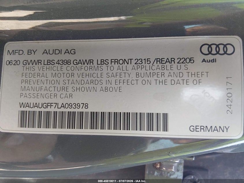 2020 Audi A3 Premium 40 Tfsi Front-Wheel Drive S Tronic VIN: WAUAUGFF7LA093978 Lot: 45510011