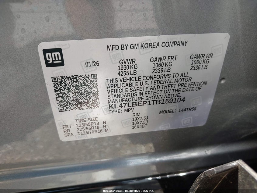 2026 Buick Envista Sport Touring Fwd VIN: KL47LBEP1TB159104 Lot: 45510048